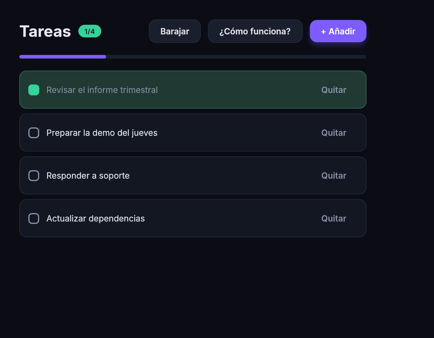 Lista de tareas con una completada