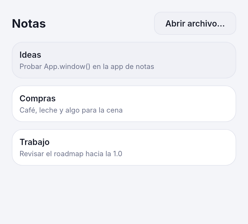 Lista de notas en la ventana principal