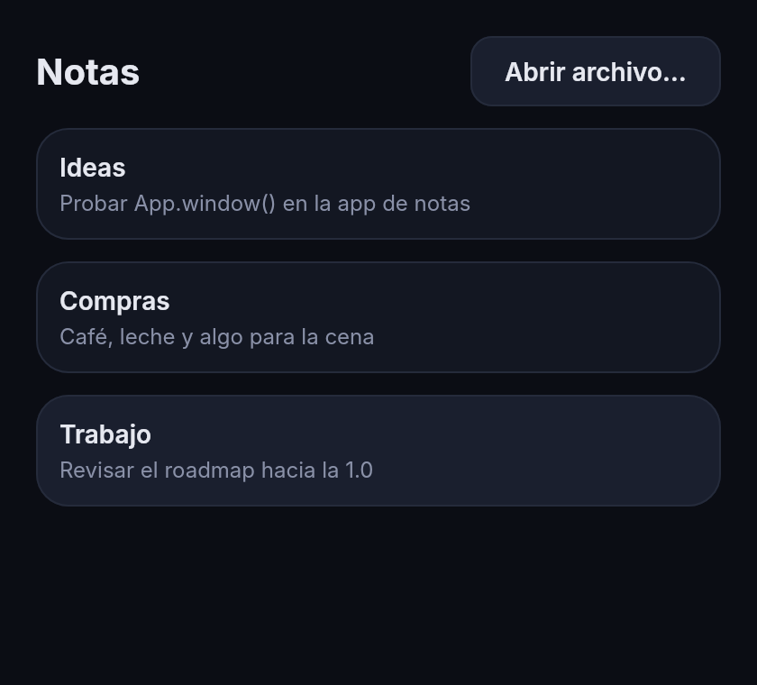 La misma lista con otra nota seleccionada